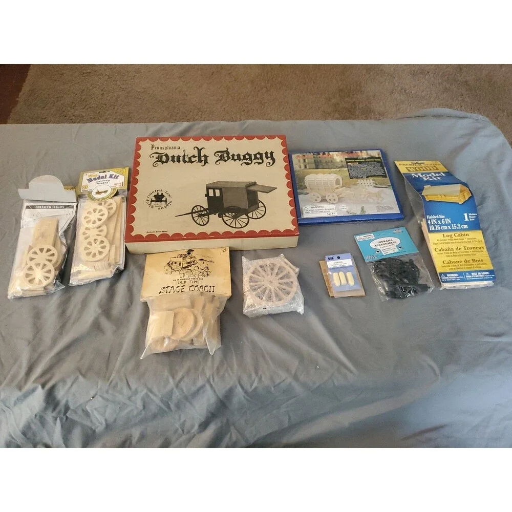 7 Vtg Wood Model Kit Lot Wooden Cover Wagon Log Cabin Sealed Read Gattling Buggy